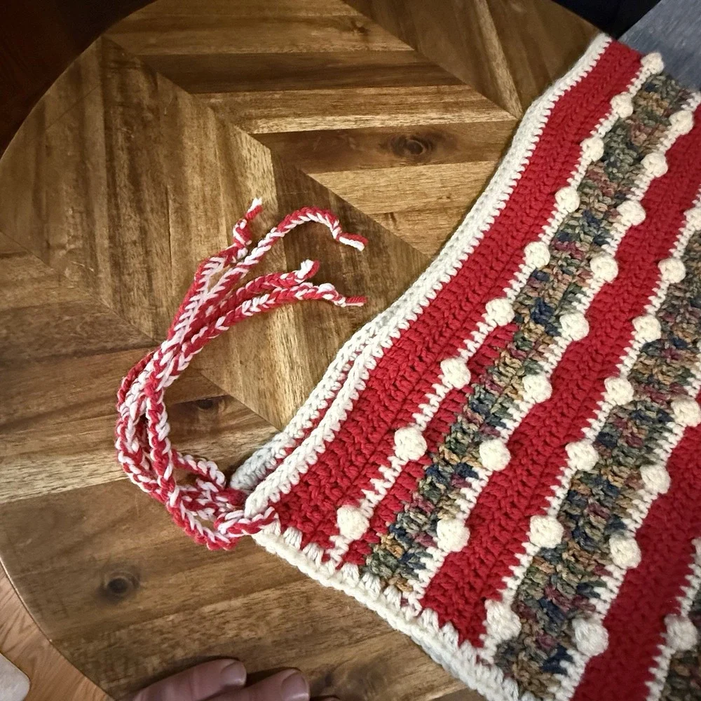 Hand Knit Blanket Throw Bobble Stitch  Stripe‎ Multicolor 2 Corner Ties 37x38
